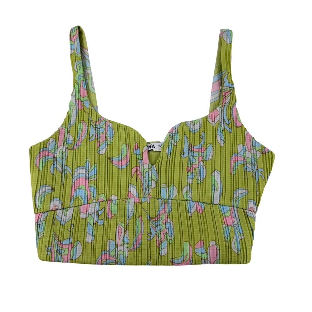 Zara Green Retro Floral Plisse Pleated Crop Top Womens Small Sweetheart Neck
